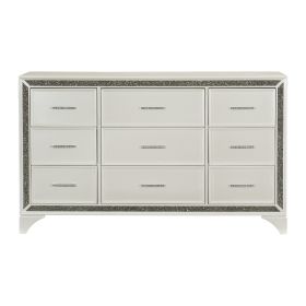 Pearl White Metallic Finish Dresser 1pc 9 Drawers Silver Glitter Trim Modern Bedroom Furniture