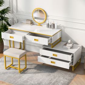 GO Modern Style Vanity Table With Movable Side Cabinet And 4-Drawers, Large Size Dressing Table With Mirror and 3-colors LED Light, Makeup Table With