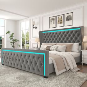 King Platform Bed Frame With High headboard, Velvet Upholstered Bed with Deep Tufted Buttons, Adjustable Colorful LED Light Decorative Headboard, Wide