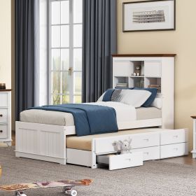 Solid Pine Captain Bookcase Bed with Trundle Bed and 3 Spacious Under Bed Drawers in Casual,Twin, White+Walnut