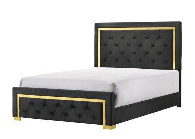 Contemporary Glam King Black Fabric Upholstered Panel 1pc Queen Bed Black Fabric Gold Legs Bedroom Furniture