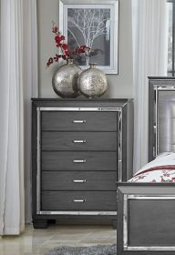 Modern Bedroom Gray Finish 1pc Chest of 5x Dovetail Drawers Beveled Mirror Trim Wooden Furniture Faux Crystal Handles