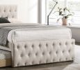 Contemporary Twin Size Bed w/ Trundle Slats Light Brown Burlap Upholstered Tufted Headboard Footboard Youth Bedroom Furniture wooden Slats 1pc Bed