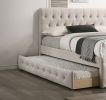 Contemporary Twin Size Bed w/ Trundle Slats Light Brown Burlap Upholstered Tufted Headboard Footboard Youth Bedroom Furniture wooden Slats 1pc Bed