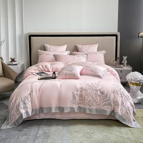 High-end Embroidered Lyocell Fiber Bed Sheet Four-piece Set (Option: Cherry Blossom Pink-200x230cm)