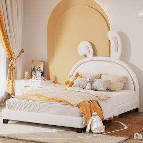 Full Size Upholstered Leather Platform Bed with Rabbit Ornament (Color: White)