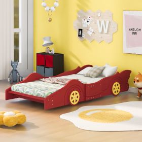 Twin Size Race Car-Shaped Platform Bed with Wheels (Color: Red)