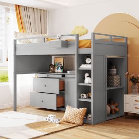 Loft Bed with Rolling Cabinet and Desk (Color: Gray)