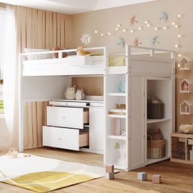 Loft Bed with Rolling Cabinet and Desk (Color: White)