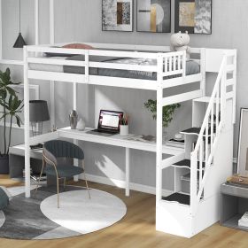 Twin Size Loft Bed with Storage Staircase and Built-in Desk (Color: White)