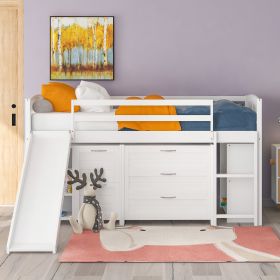 Low Twin Size Loft Bed with Cabinets;  Shelves and Slide (Color: White)