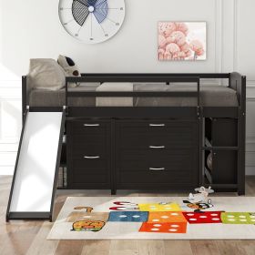 Low Twin Size Loft Bed with Cabinets;  Shelves and Slide (Color: Espresso)