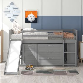 Low Twin Size Loft Bed with Cabinets;  Shelves and Slide (Color: Gray)