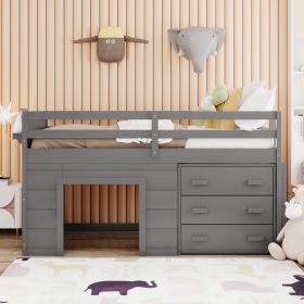 Twin Size Loft Bed with Cabinet and Shelf (Color: Gray)