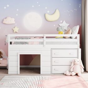 Twin Size Loft Bed with Cabinet and Shelf (Color: White)