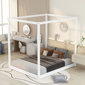 Queen Size Canopy Platform Bed with Support Legs (Color: White)