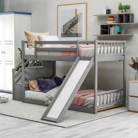 Twin over Twin Bunk Bed with Convertible Slide and Stairway (Color: Gray)