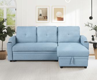 Pull Out Sofa Bed Modern Padded Upholstered Sofa Bed ; Linen Fabric 3 Seater Couch with Storage Chaise and Cup Holder ; Small Couch for Small Spaces (Color: Blue)