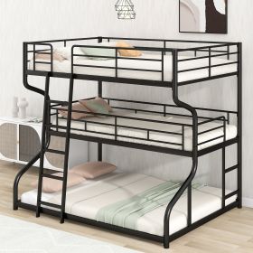 Full XL over Twin XL over Queen Size Triple Bunk Bed with Long and Short Ladder (Color: Black)