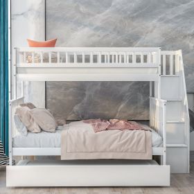 Twin over Full Bunk Bed with Trundle and Staircase (Color: White)