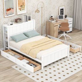 Full Size Platform Bed with Drawers and Storage Shelves (Color: White)